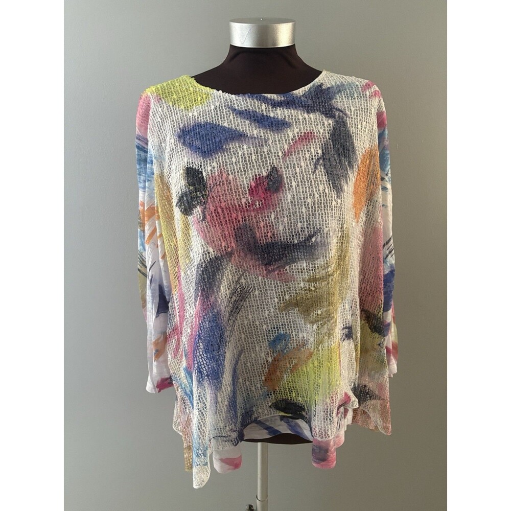 Jess & Jane Tunic Top Womens XL White Multicolor Lagenlook Dopamine Mesh Overlay